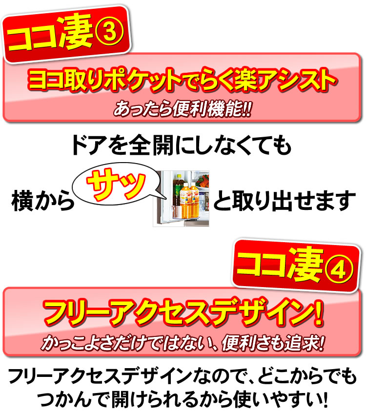 便利なヨコ取りポケット、フリーアクセスデザイン