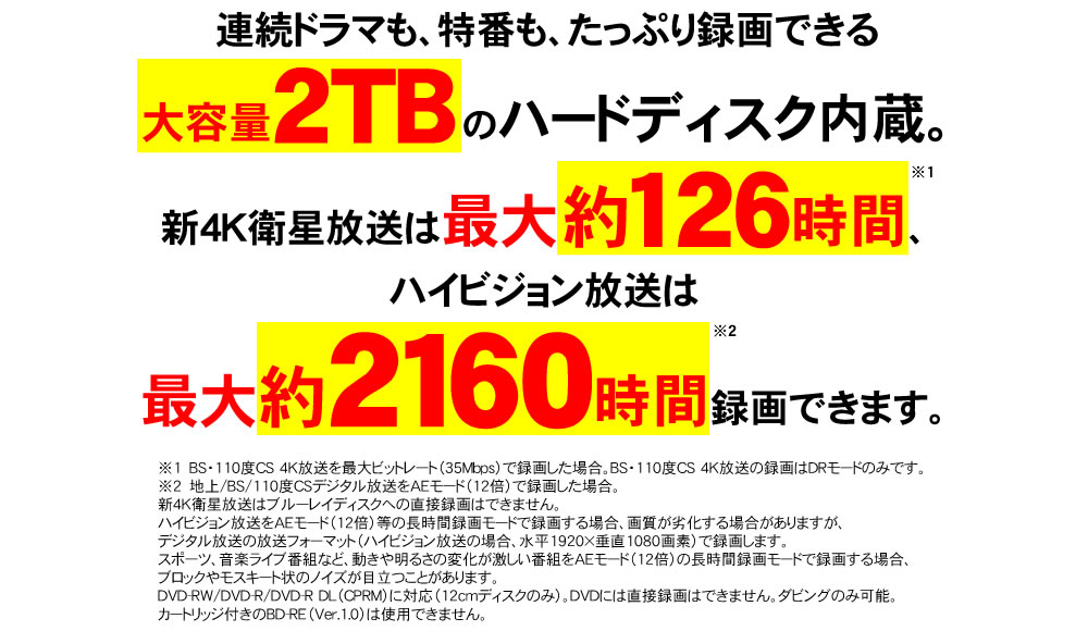 LCD-A50RA1000なら最大約2160時間録画